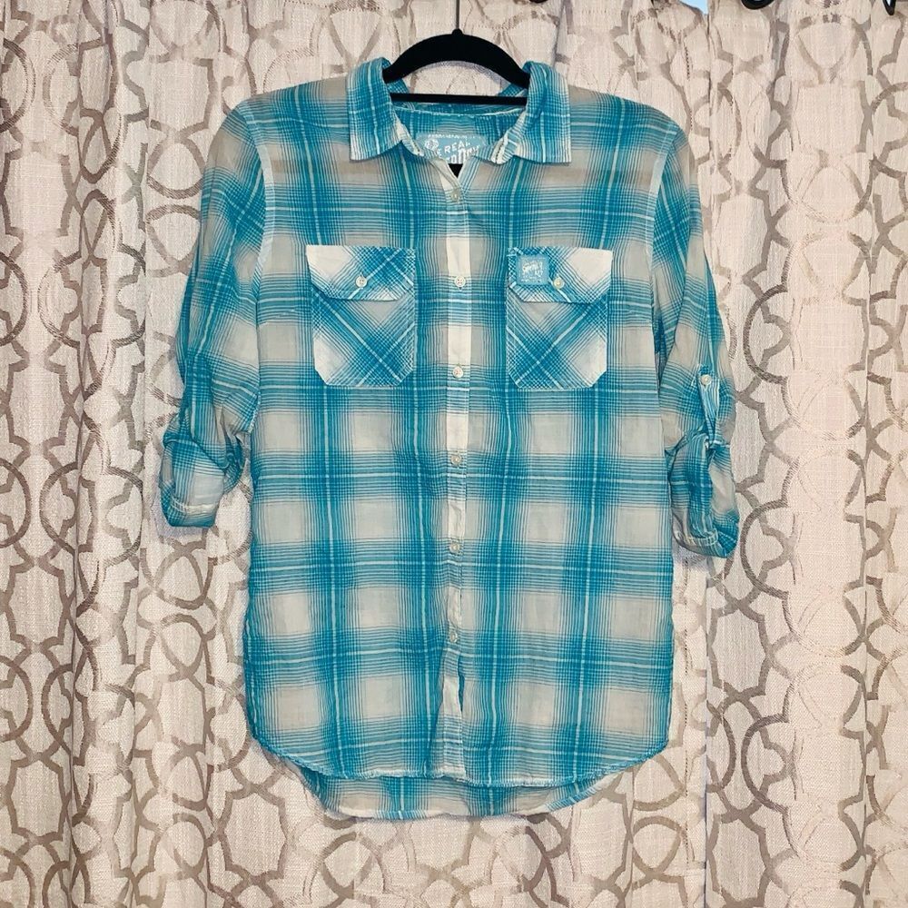 Super Dry Turquoise and White Plaid Shirt
